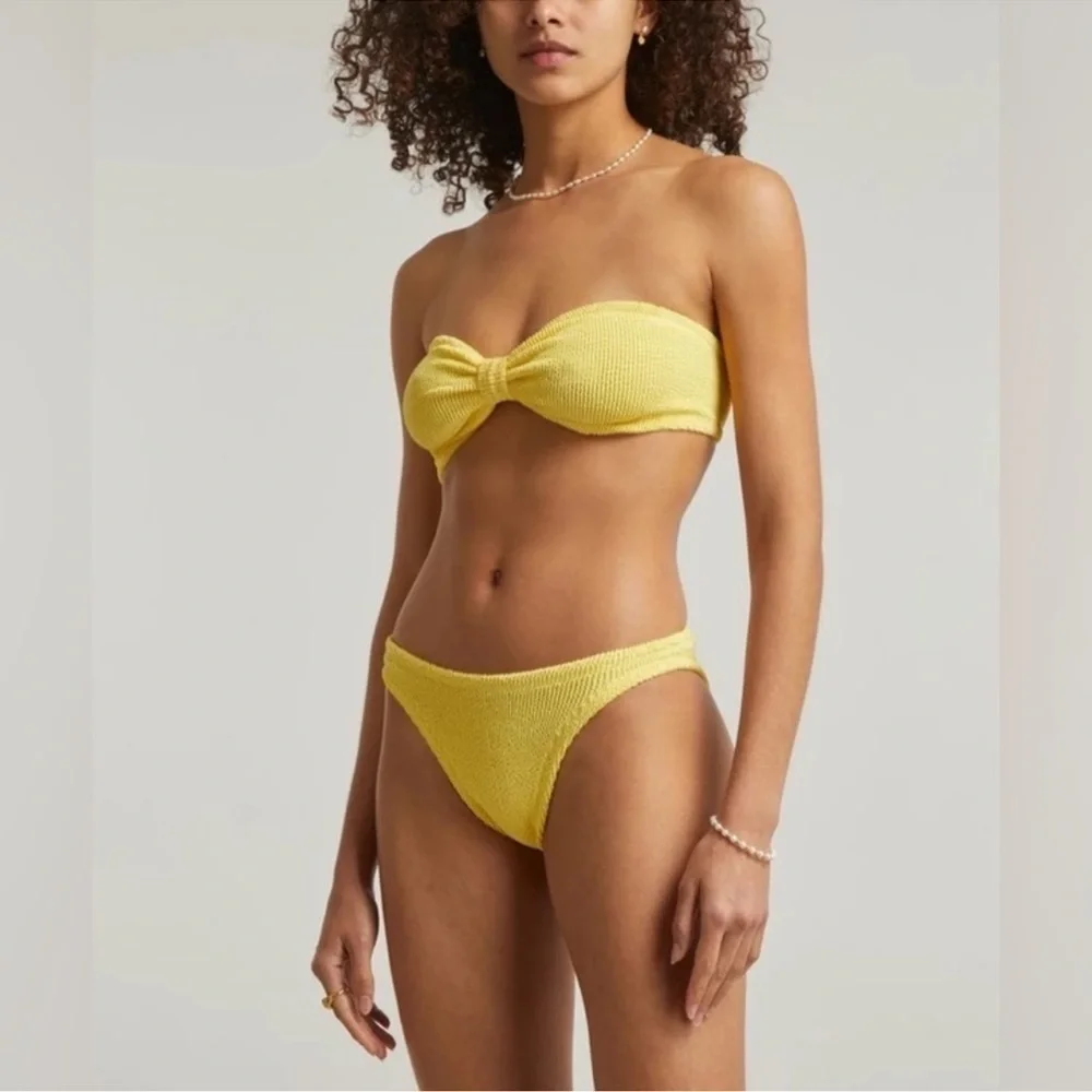 Hunza G Jean Bikini Set Yellow Swim Crinkle Two Piece Top Strapless Bandeau